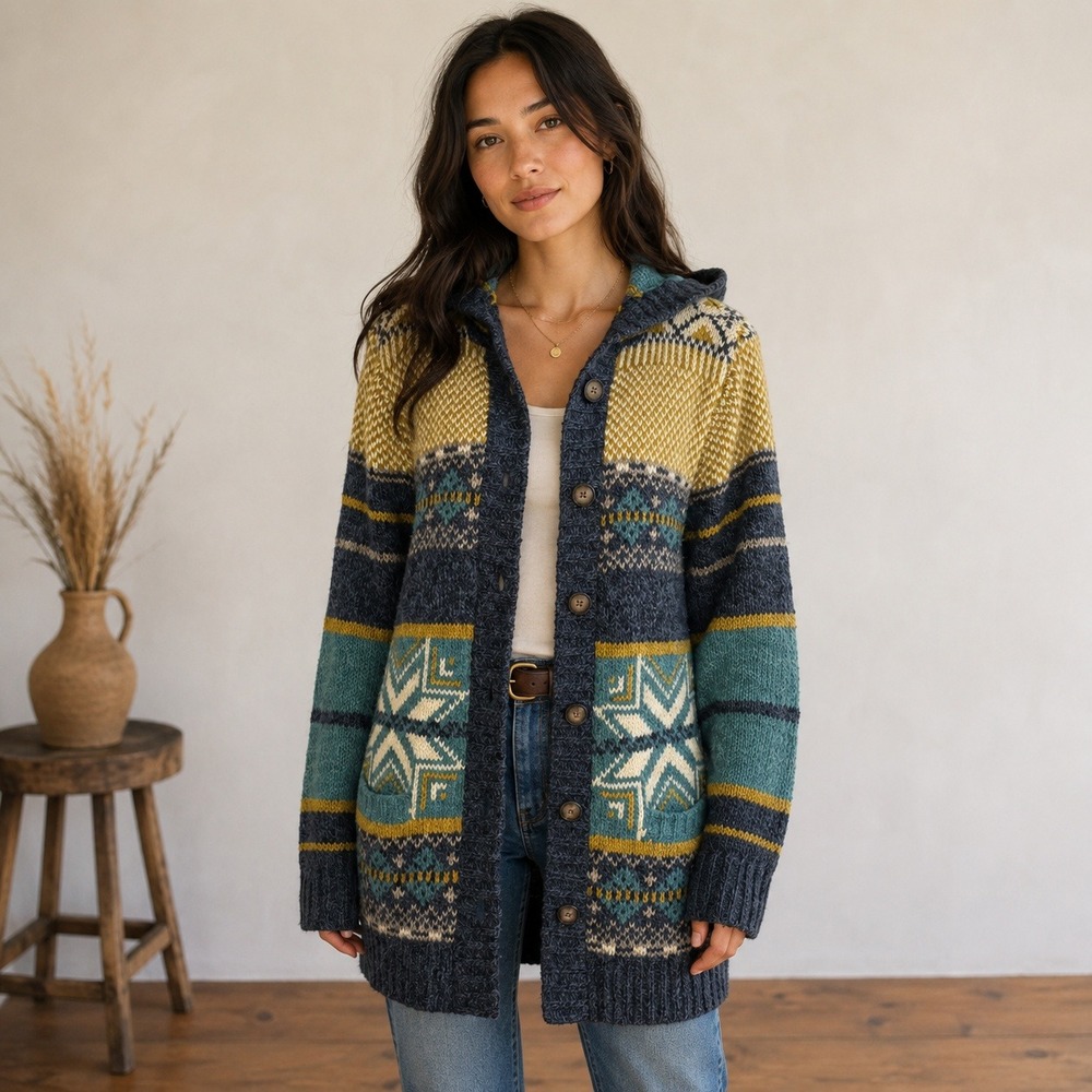 Womens Wool Blend Fair Isle Hooded Cardigan Size M Rustic Granola Cabin Heritage